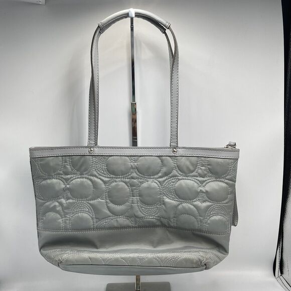 Coach Quilted Gray Signature Stitch Nylon & Patent Leather Medium Tote Bag Grey - Picture 5 of 14
